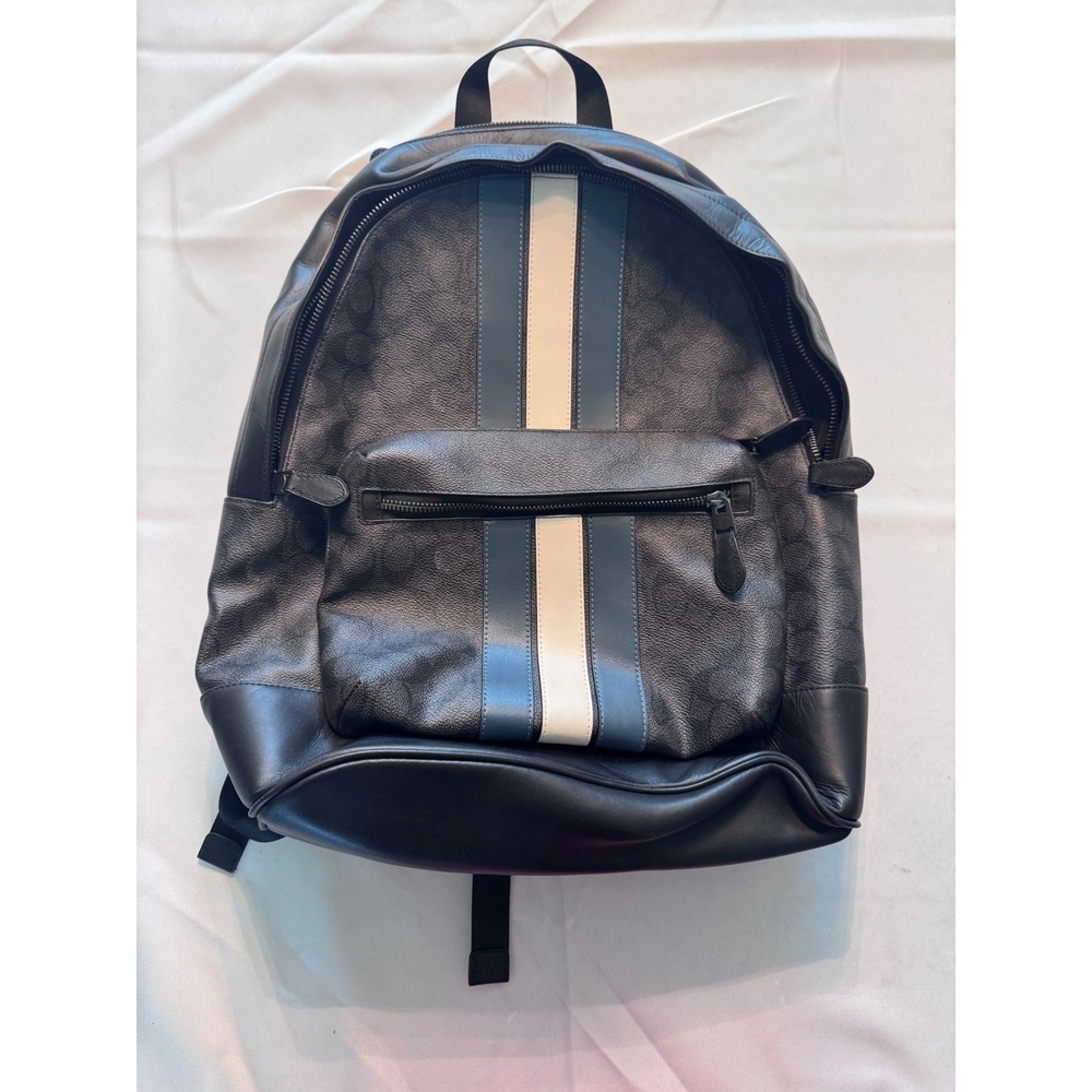 Coach West Backpack Signature Canvas Varsity Stripe Black Blue CV922 Mens Bag